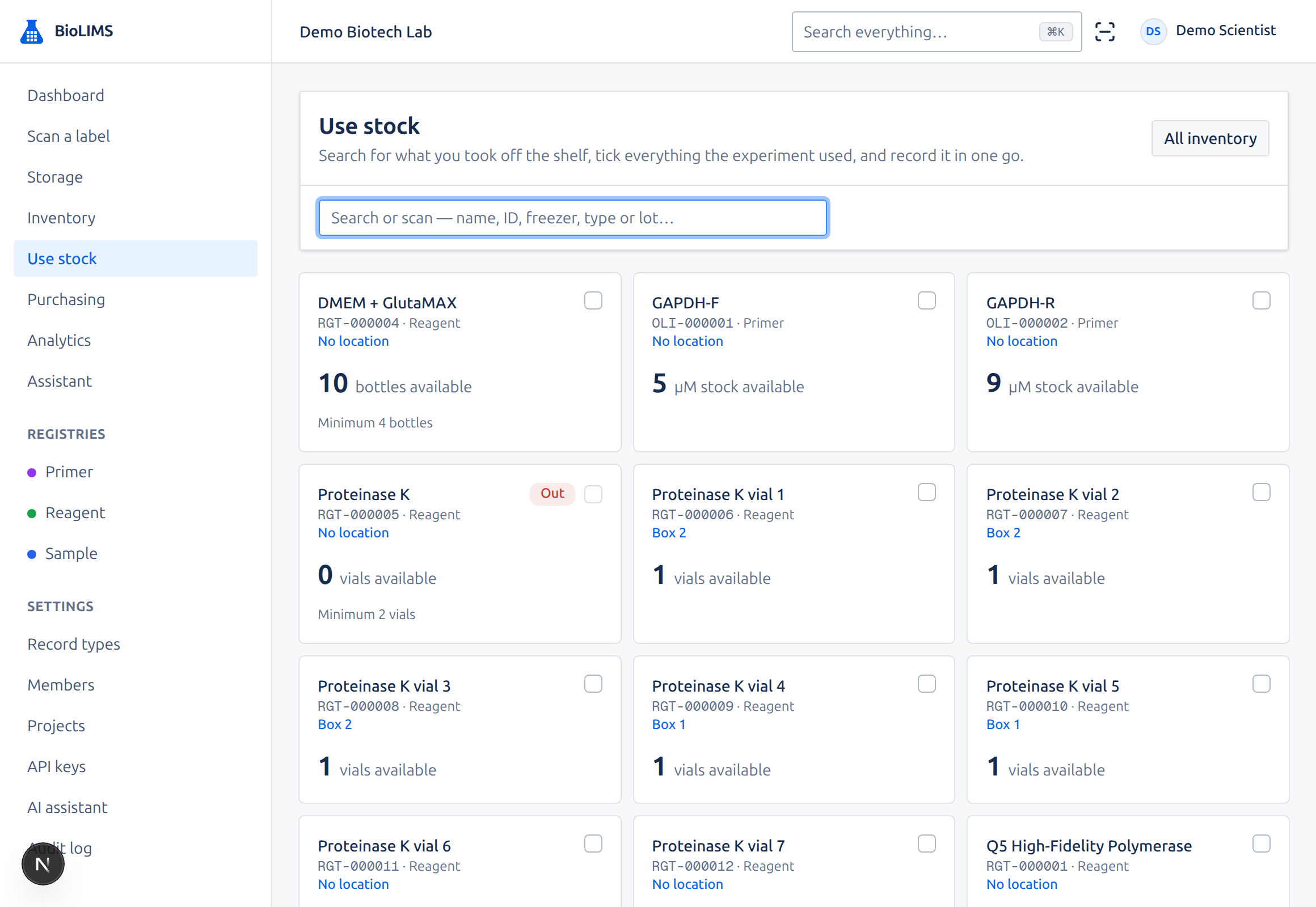 The Use stock page with reagent cards showing what's available